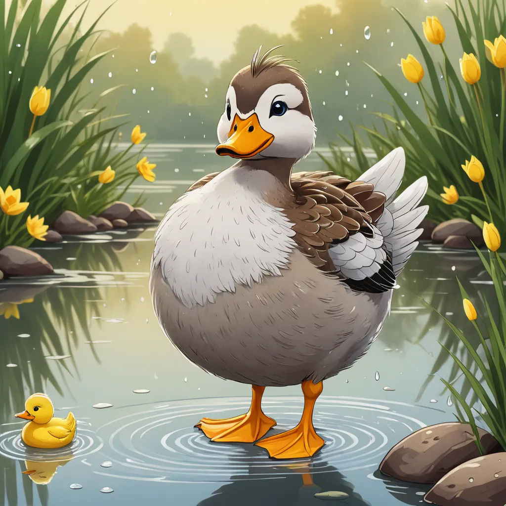 a duck and a duckling are standing in a pond of water with yellow flowers in the background and a yellow duckling is in the foreground, lyco art, a storybook illustration, Anne Said, professional digital painting