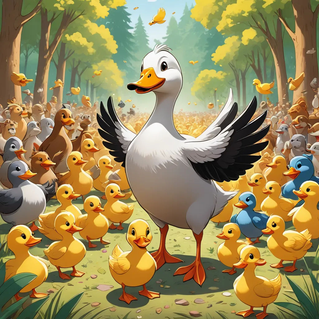 a duck with many ducks in a forest with trees and leaves on the ground, and a yellow bird with black wings, context art, a storybook illustration, Chris LaBrooy, promotional image