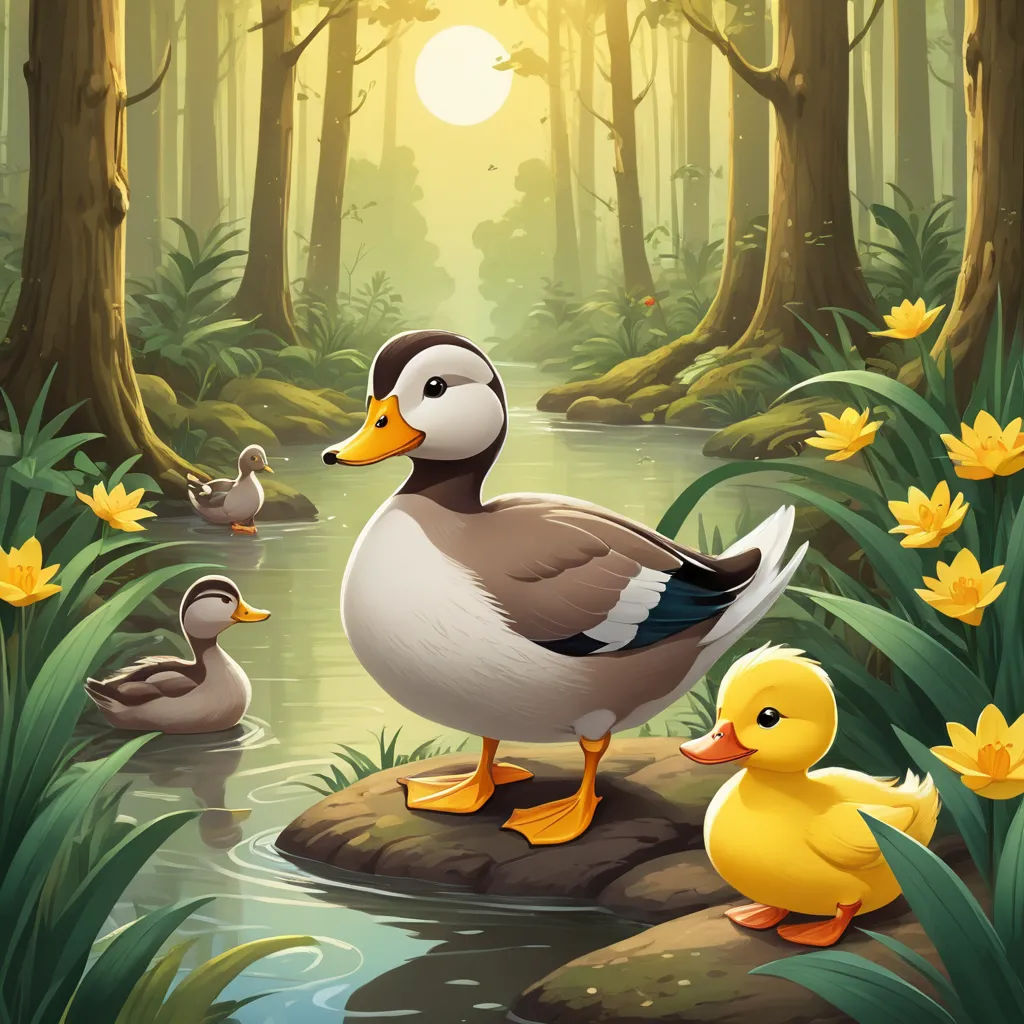 a duck and two ducks are in the water near a forest with yellow flowers and yellow flowers on the ground, environmental art, a storybook illustration, Anne Said, nature