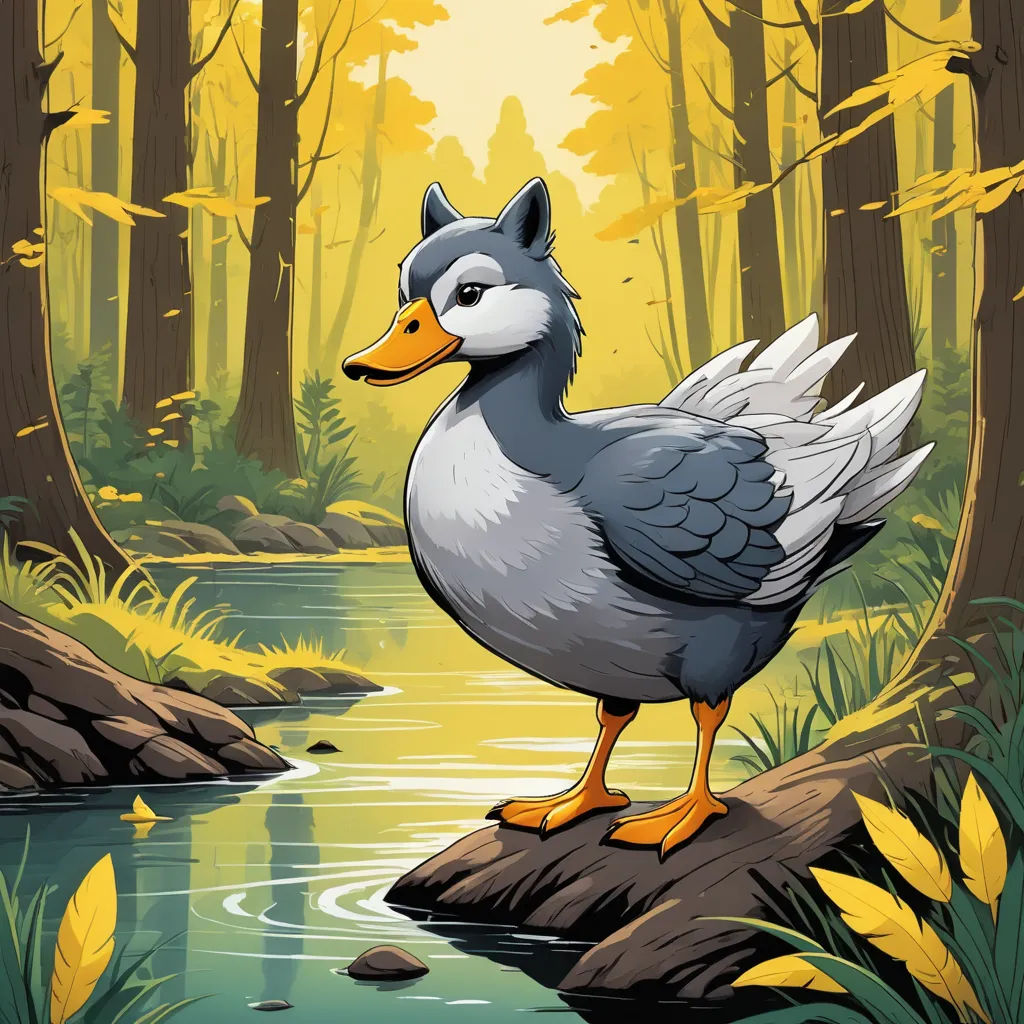 a duck standing on a rock in a forest by a stream of water with yellow leaves on the ground, furry art, a character portrait, Chris LaBrooy, character portrait
