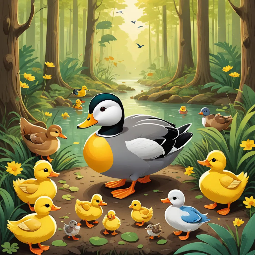 a group of ducks and ducks in a forest with a stream and ducks in the background, with a sunlit forest behind them, environmental art, a storybook illustration, Anne Said, storybook illustration