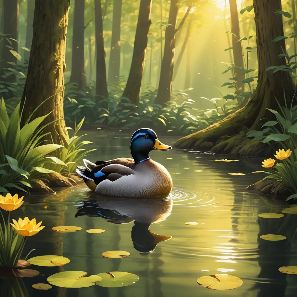 a duck floating on top of a lake surrounded by trees and water lillies in a forest filled with yellow flowers, magic realism, a photorealistic painting, Chris LaBrooy, nature