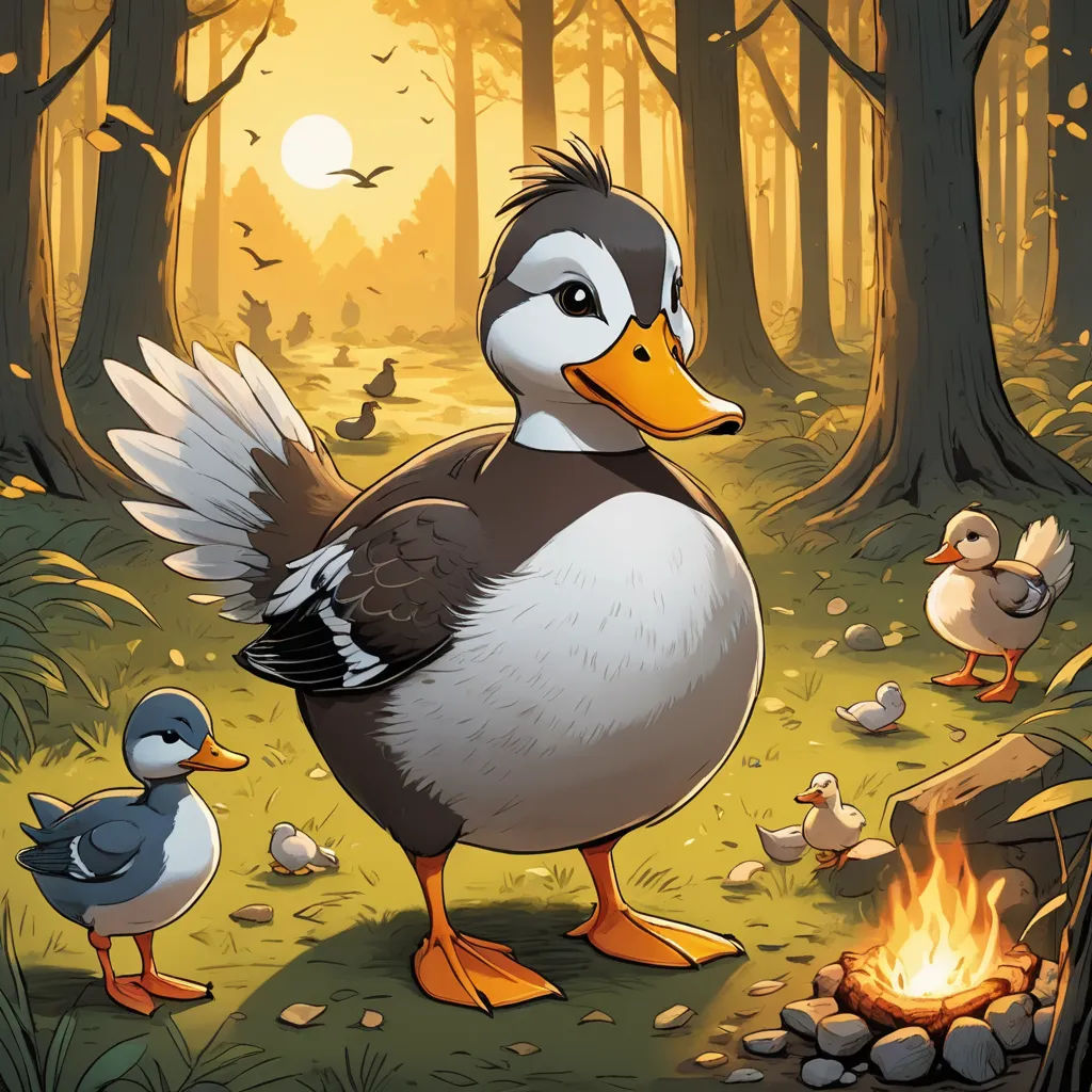 a duck and two ducks are standing in the woods near a fire pit and a firepit with a glowing fire, altermodern, a character portrait, Chris LaBrooy, official art