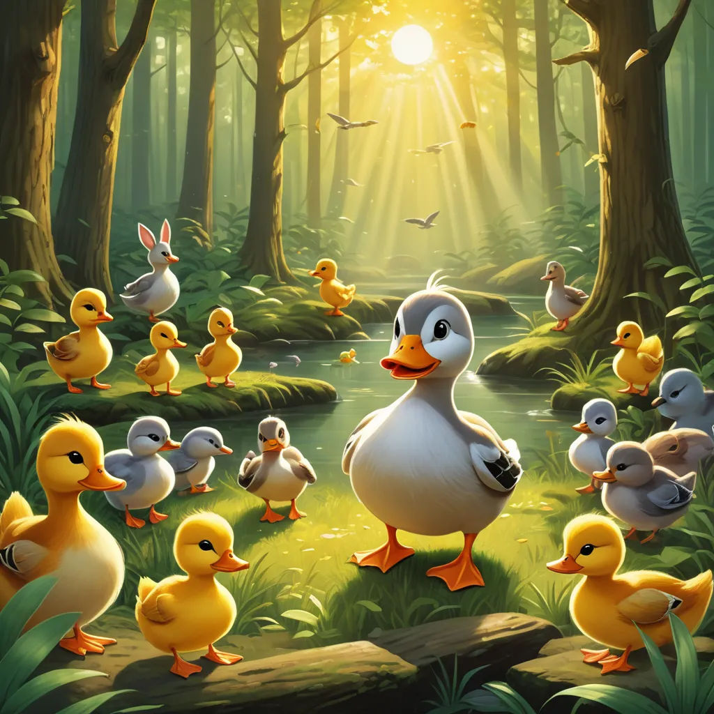 a painting of a duck family in a forest with a sunbeam in the background and ducks in the foreground, context art, a storybook illustration, Chris LaBrooy, official art