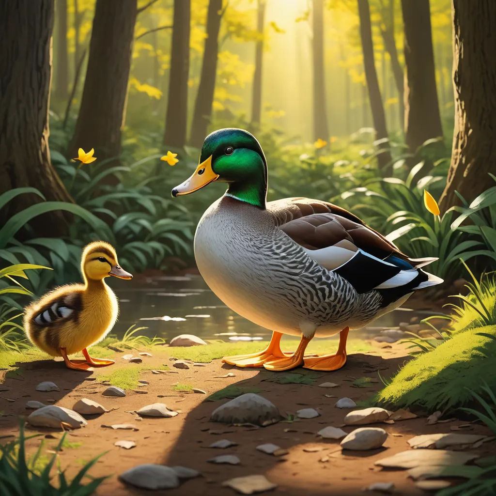 a duck and a duckling are standing in the woods together, with the sun shining through the trees, american scene painting, a storybook illustration, Chris LaBrooy, rossdraws global illumination