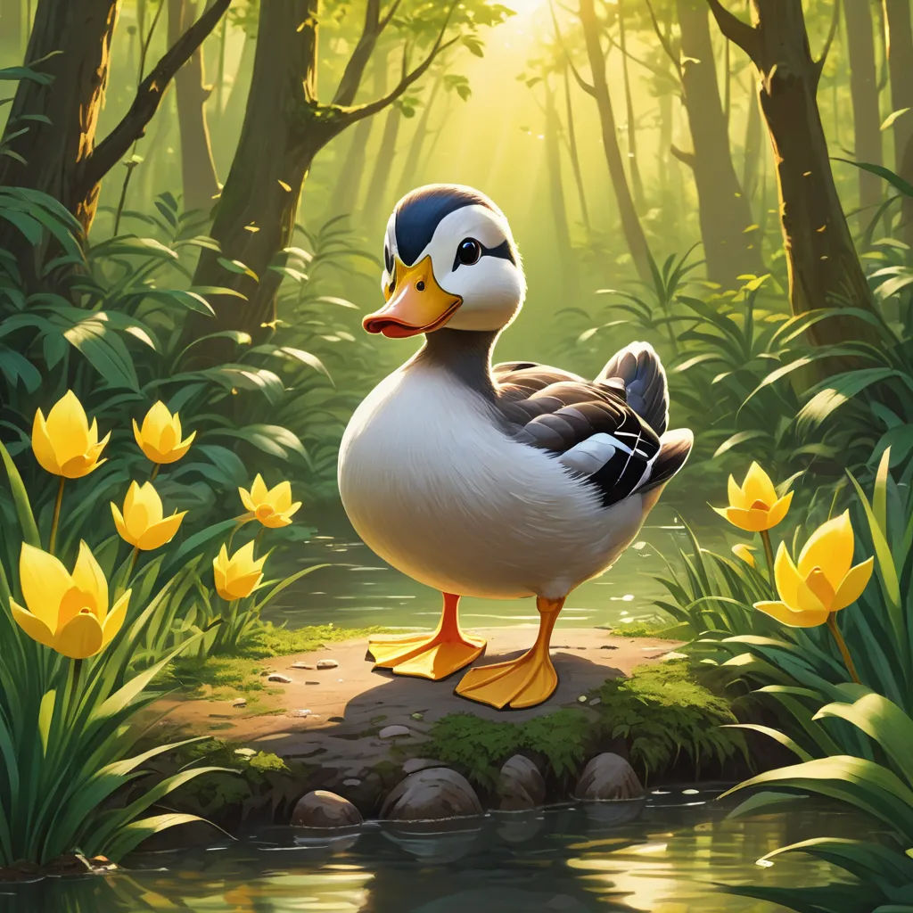 a duck standing on a rock in a forest with yellow flowers and a stream of water in the foreground, altermodern, a fine art painting, Chris LaBrooy, official art