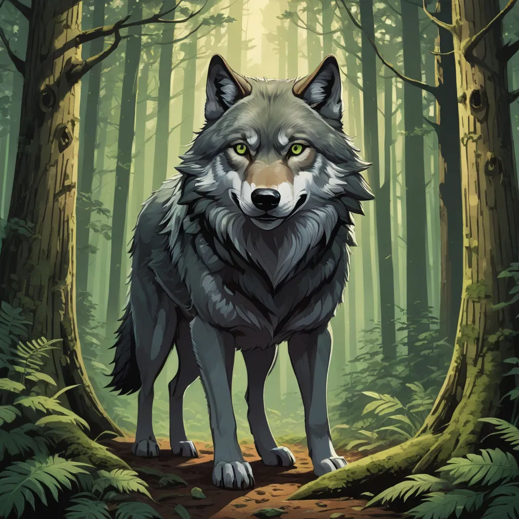 a wolf standing in the middle of a forest with a bright light shining on it's face and eyes, furry art, a character portrait, Dan Mumford, official art