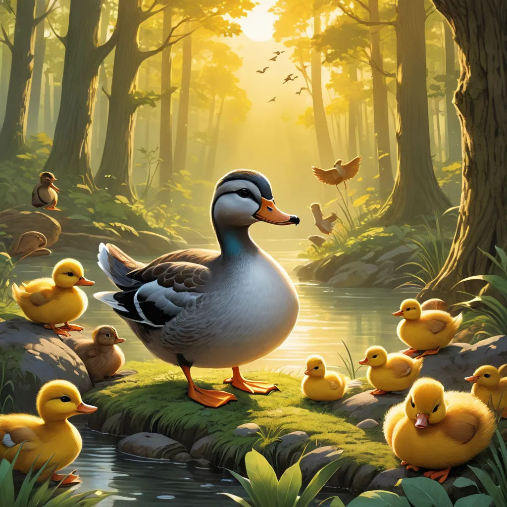 a duck family is standing in the water near a group of ducks and a duckling in the water, context art, a storybook illustration, Chris LaBrooy, official art