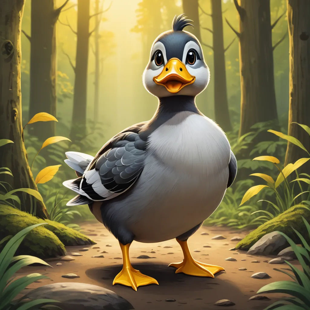a duck standing on a path in a forest with sunlight coming through the trees and leaves on the ground, sots art, a character portrait, Chris LaBrooy, key art