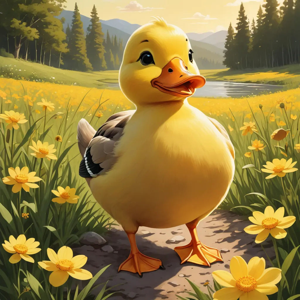 a duck standing in a field of flowers with a pond in the background and a mountain range in the distance, furry art, a digital painting, Chris LaBrooy, official art