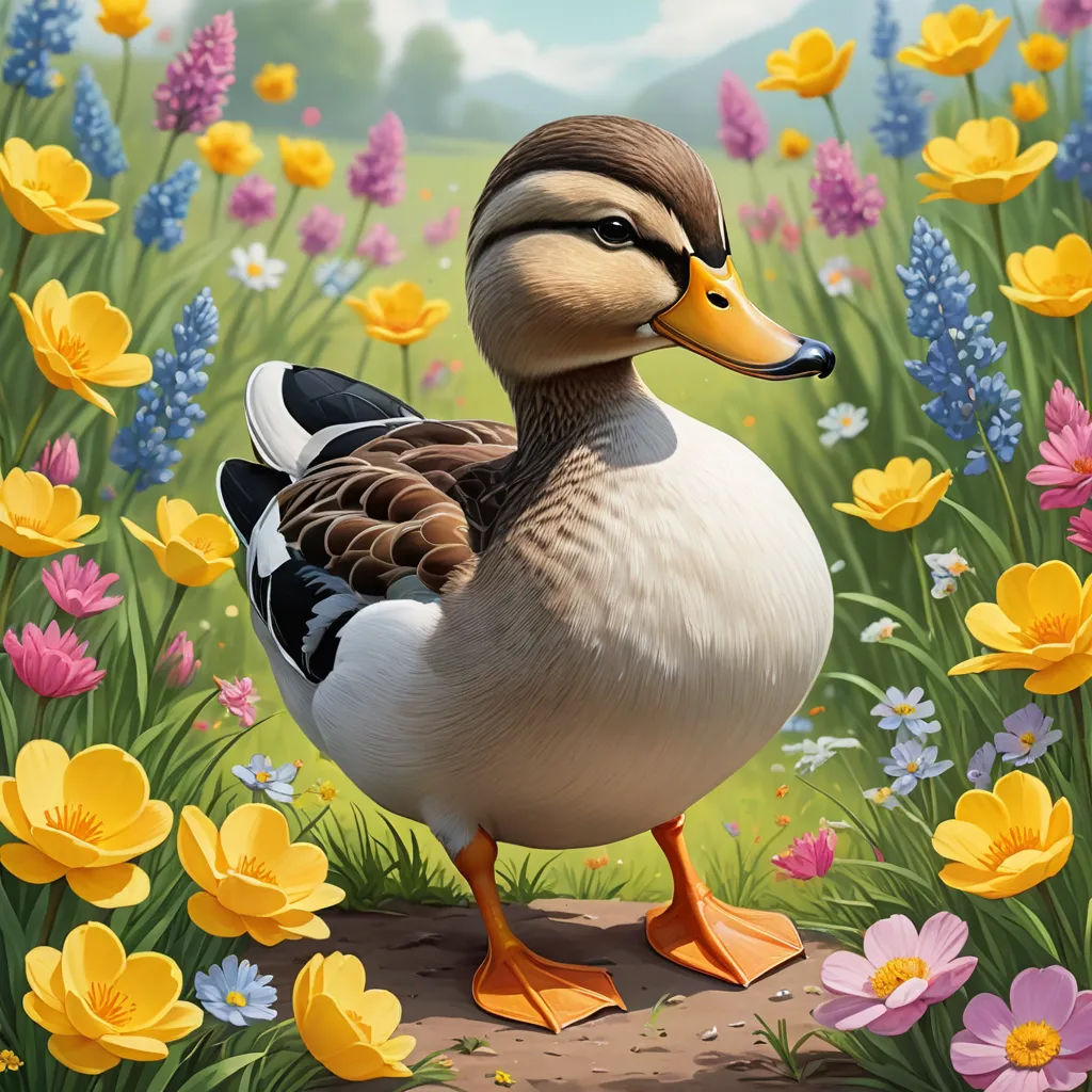 a duck standing on a patch of dirt near flowers and grass with a sky background with clouds and a few yellow and pink flowers, american scene painting, a digital painting, Chris LaBrooy, highly detailed digital painting