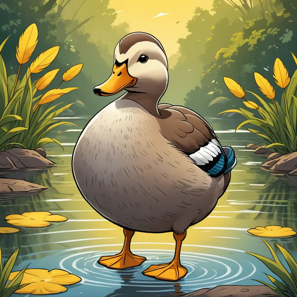 a duck standing in a pond with yellow flowers in the background and a yellow sky in the background, with a yellow sun shining on the water, furry art, a character portrait, Anne Said, game art
