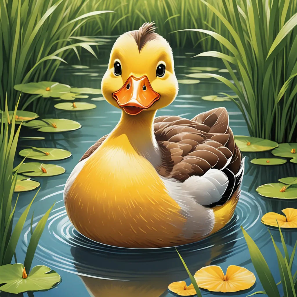 a duck is floating in a pond with lily pads and water lilies on the water's edge, lowbrow, a storybook illustration, Chris LaBrooy, highly detailed digital painting