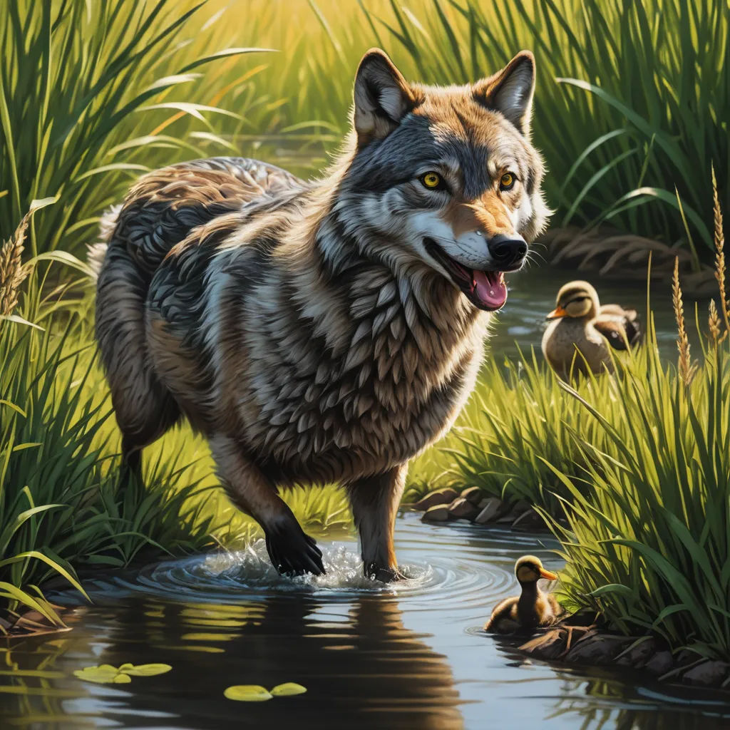 a painting of a wolf and duck in a pond of water with grass and reeds in the background, furry art, a storybook illustration, Dan Mumford, highly detailed digital painting