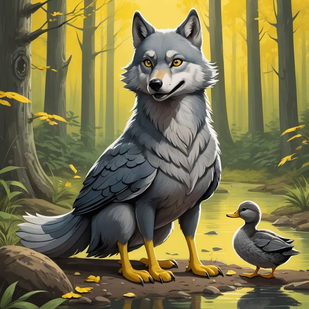 a wolf and a duck are standing in the woods by a stream of water and trees, with yellow leaves, furry art, a storybook illustration, Chris LaBrooy, official art