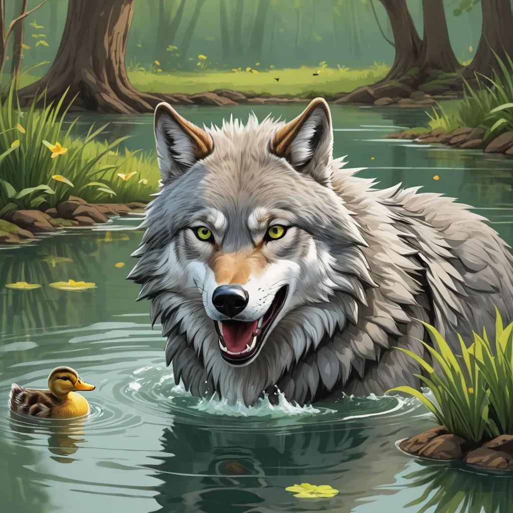 a wolf and a duck in a river with trees and grass in the background and a forest with yellow flowers, furry art, a storybook illustration, Cyril Rolando, storybook illustration