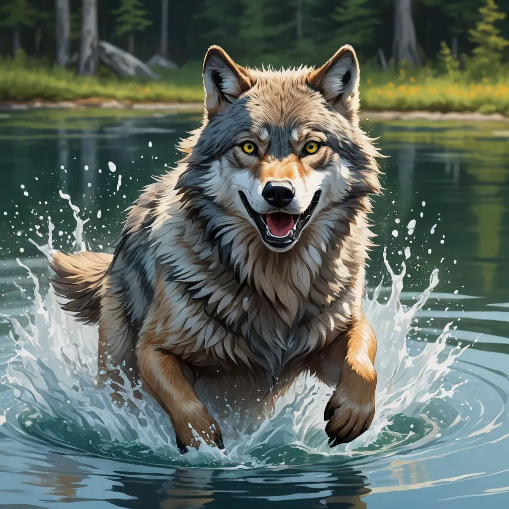 a painting of a wolf running through a lake with trees in the background and water splashing around it, furry art, a digital painting, Dan Mumford, highly detailed digital painting