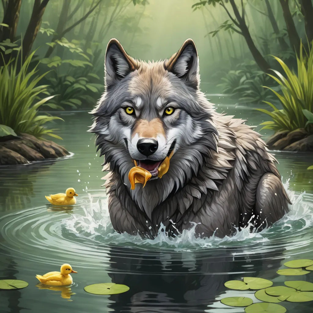 a wolf in the water with a duckling in it's mouth and a duckling in the water, furry art, a storybook illustration, Cyril Rolando, highly detailed digital painting