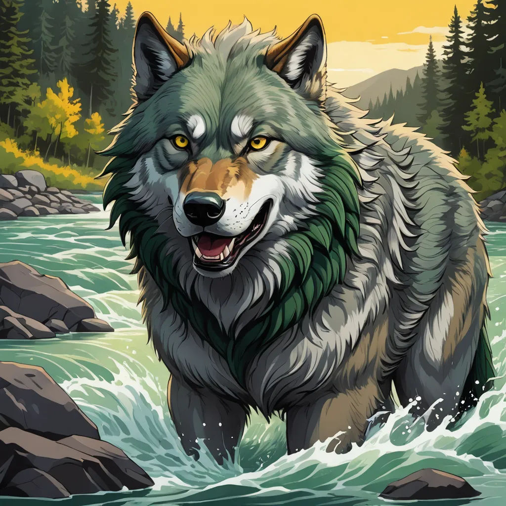 a wolf is walking through a river with rocks and trees in the background and a yellow sky above it, furry art, a character portrait, Dan Mumford, trending on art station