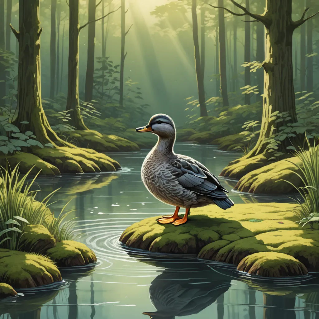 a duck standing on a rock in a forest next to a river and a forest with green grass and trees, naturalism, a storybook illustration, Chris LaBrooy, highly detailed digital painting