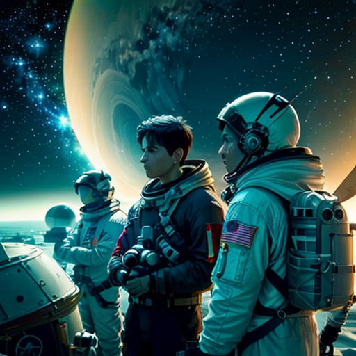 a group of astronauts standing in front of a planet with stars and planets in the background, with a person in a space suit looking at the horizon