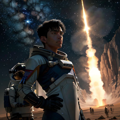 a man in a space suit standing in front of a rocket with a star in the background and a mountain in the background