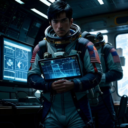 a man in a space suit holding a laptop computer in a room with other people in the background and a monitor on his chest