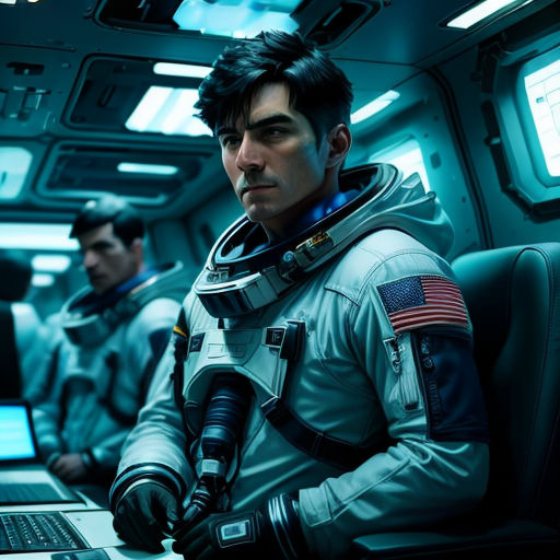 a man in a space suit sitting in front of a laptop computer in a room with other men in space suits