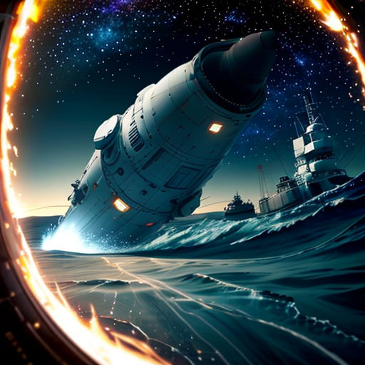 a space ship floating in the ocean with a rocket in the background and a ship in the foreground