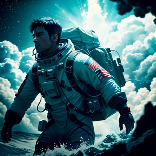 a man in a space suit walking through the ocean with a backpack on his back and a sky background