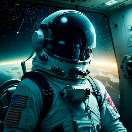 a man in a space suit is looking out of a window at the earth and a space shuttle in the background