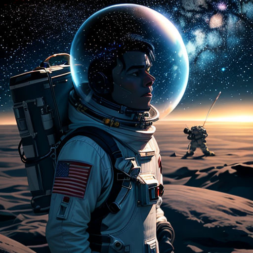 a man in a space suit standing on a planet with a space shuttle in the background and a space shuttle in the foreground