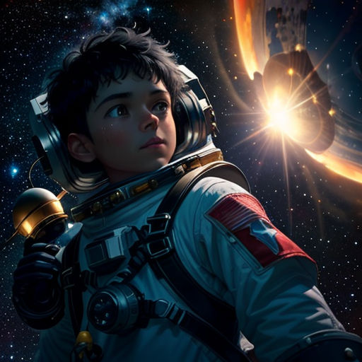 a boy in a space suit looking at a space shuttle in the distance with a planet in the background