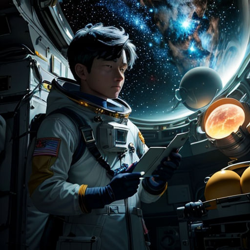 a man in a space suit holding a piece of paper in his hand and looking at a space station