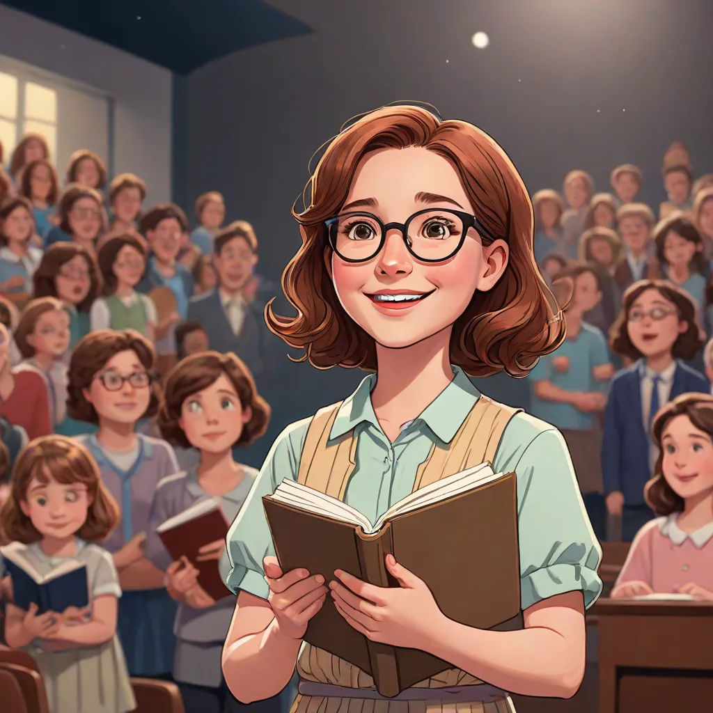 a cartoon girl with glasses holding a book in front of a crowd of people in a classroom with a spotlight on her, Ada Gladys Killins, american scene painting, a storybook illustration, official art