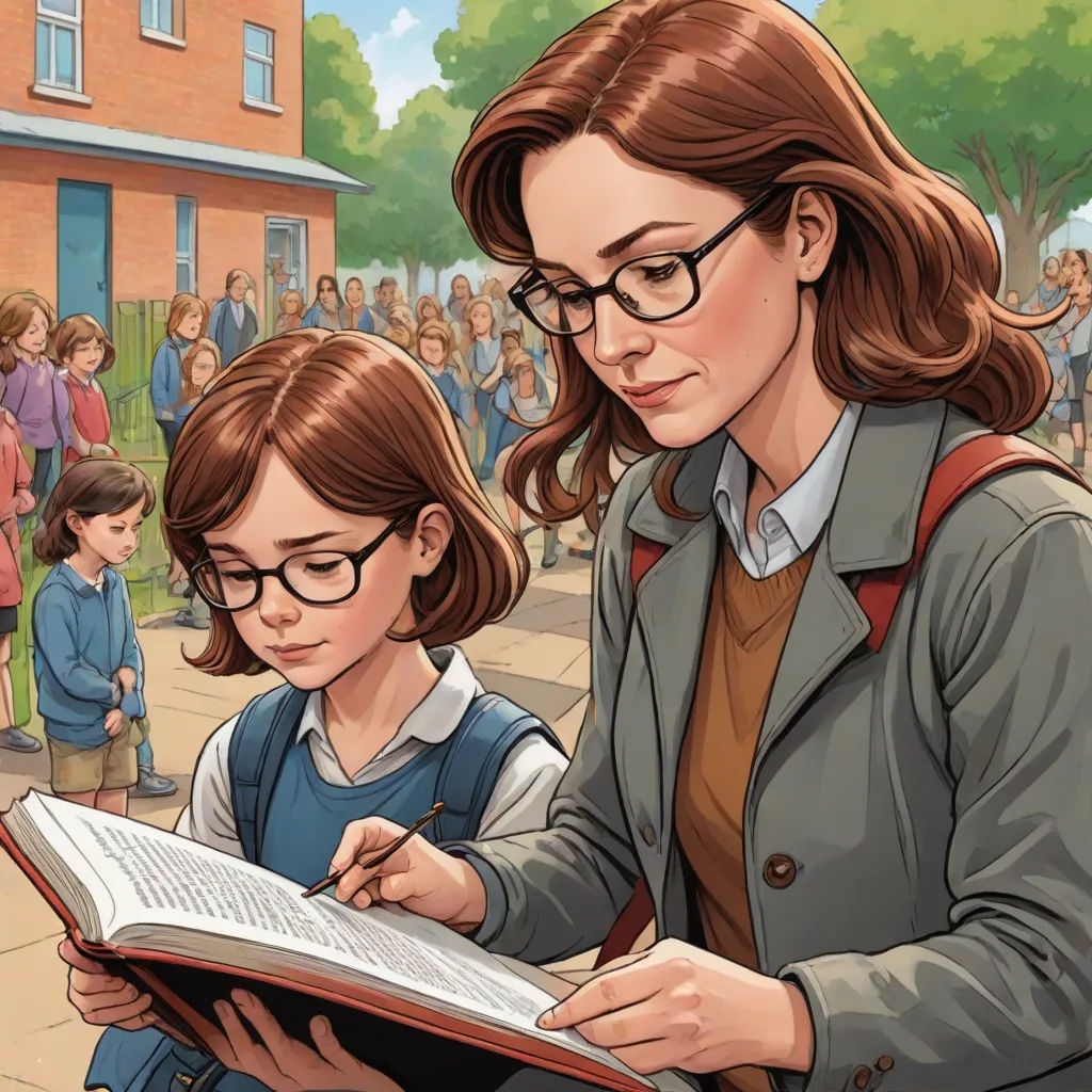 a woman and a girl are writing in a book while a crowd of people watch them on the street, Colin Middleton, fantastic realism, a comic book panel, graphic novel