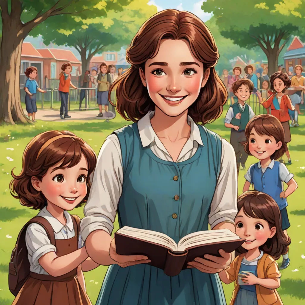 a woman reading a book to children in a park with a tree and a building in the background, with a group of children standing around her, Anne Said, serial art, a storybook illustration, official art
