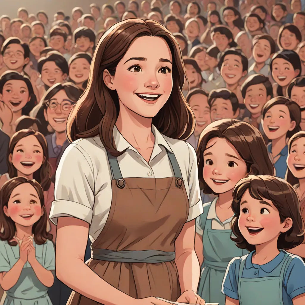 a woman standing in front of a crowd of people with a smile on her face and hands in her pockets, Anne Said, socialist realism, a storybook illustration, graphic novel