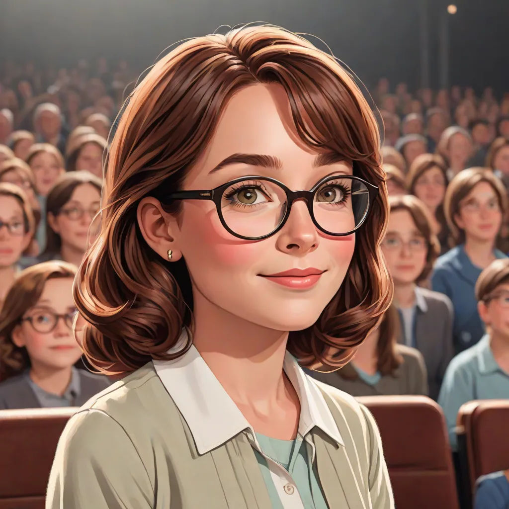 a woman with glasses is standing in front of a crowd of people in glasses and a green shirt and a light blue shirt, Constance Gordon-Cumming, american scene painting, a character portrait, official art