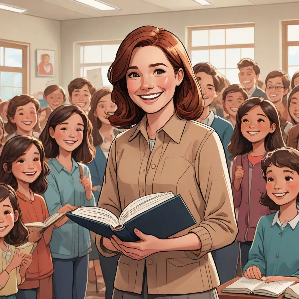 a woman standing in front of a group of people holding a book in her hands and smiling at the camera, Ada Gladys Killins, vancouver school, a storybook illustration, official art