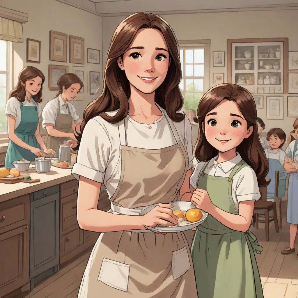a woman holding a plate of food next to a little girl in a kitchen with other people in the background, Anne Said, remodernism, a storybook illustration, official art