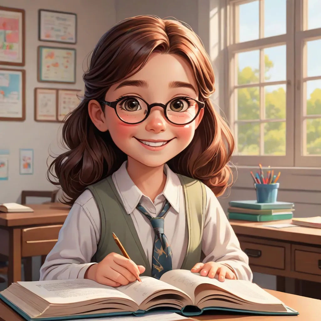 a cartoon girl with glasses and a book in her hands, smiling and holding a pencil and a pencil, Claire Falkenstein, paris school, a character portrait, official art