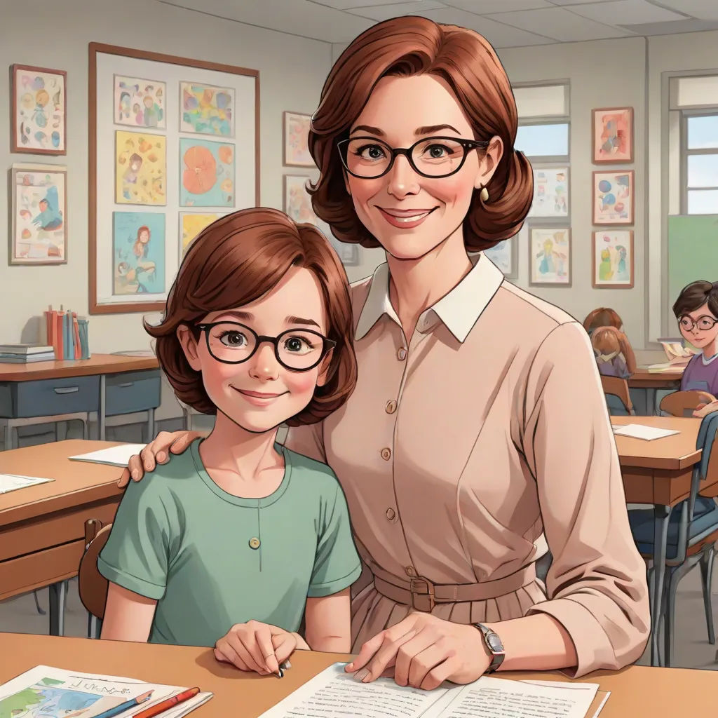 a woman and a girl are sitting at a desk in a classroom with books and papers on it, and a cartoon of a woman is smiling at the front of the camera, Ada Gladys Killins, remodernism, computer graphics, official art