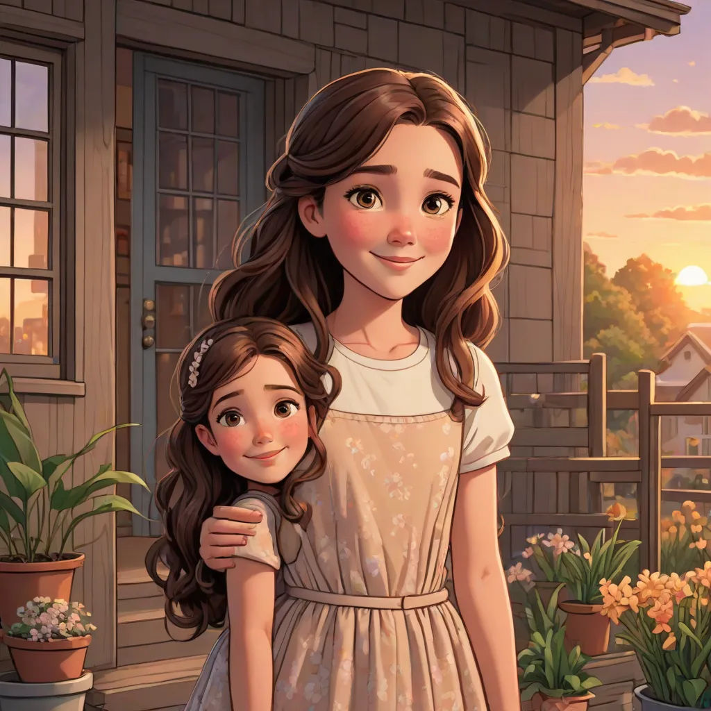 a girl and a girl are standing outside a house with a flower pot in front of them and a sunset behind them, disney, lyco art, a storybook illustration, kinkade