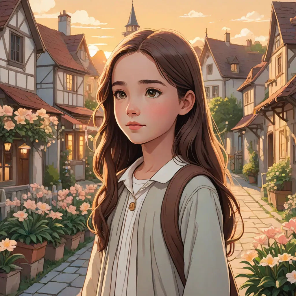a girl standing in front of a flower garden with a house in the background and a sunset in the background, Evgeny Lushpin, fantasy art, a storybook illustration, rossdraws global illumination