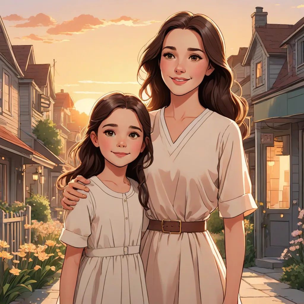 a mother and daughter standing in front of a house at sunset with the sun setting behind them and a pink sky, Artgerm, american scene painting, a storybook illustration, rossdraws global illumination