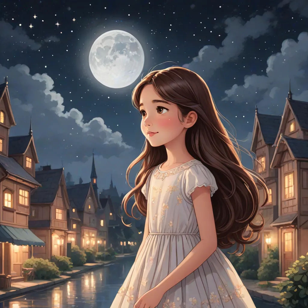 a girl in a dress standing in front of a river at night with a full moon in the sky, Alice Prin, fantasy art, a storybook illustration, storybook illustration