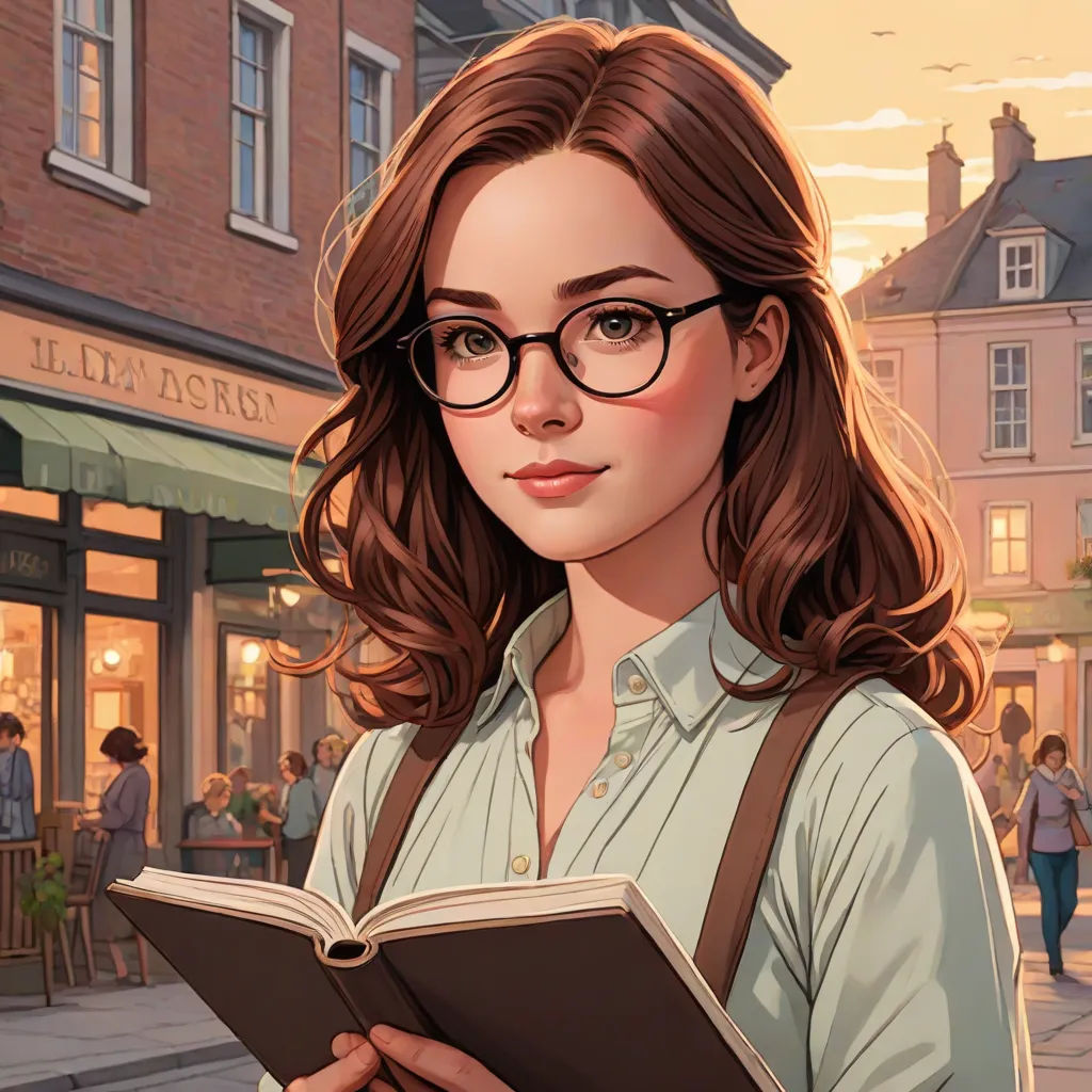 a woman with glasses is reading a book on the street at sunset time, with a city in the background, Colin Middleton, fantasy art, a character portrait, kinkade