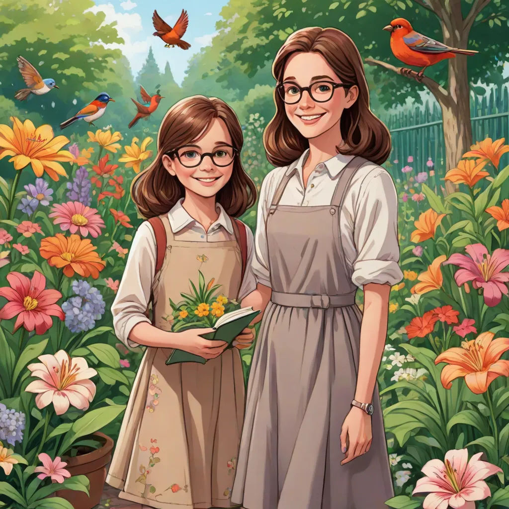 a painting of two girls in a garden with flowers and birds flying around them, one holding a book, Brothers Hildebrandt, american scene painting, a storybook illustration, comic cover art