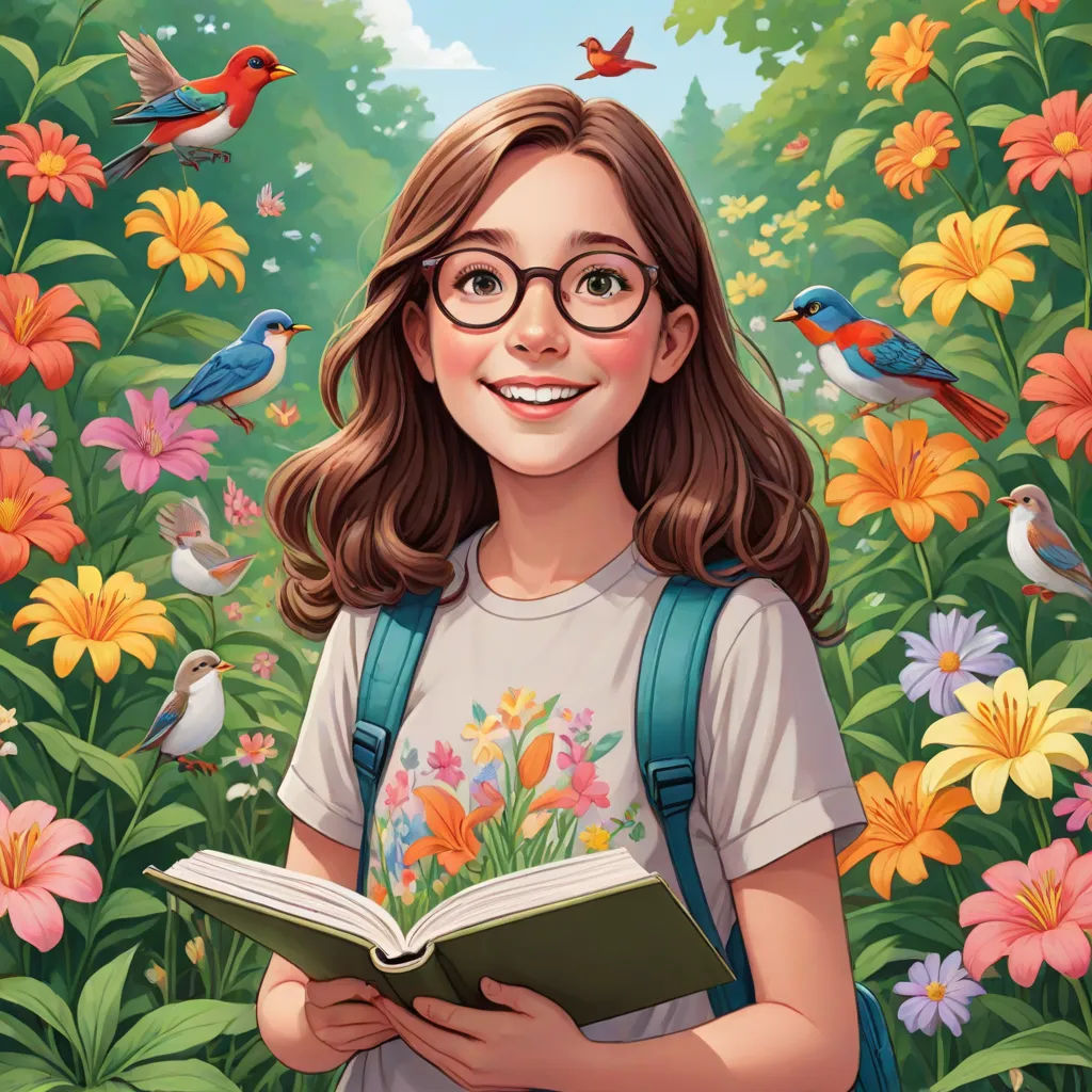 a girl with glasses and a book in her hands in a field of flowers and birds with a sky background, Colin Middleton, magical realism, a storybook illustration, comic cover art